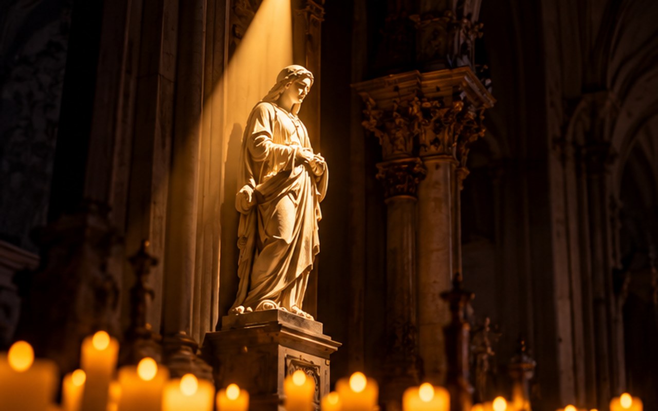Gezielter Lichtakzent auf einer Statue in einem Kirchenraum